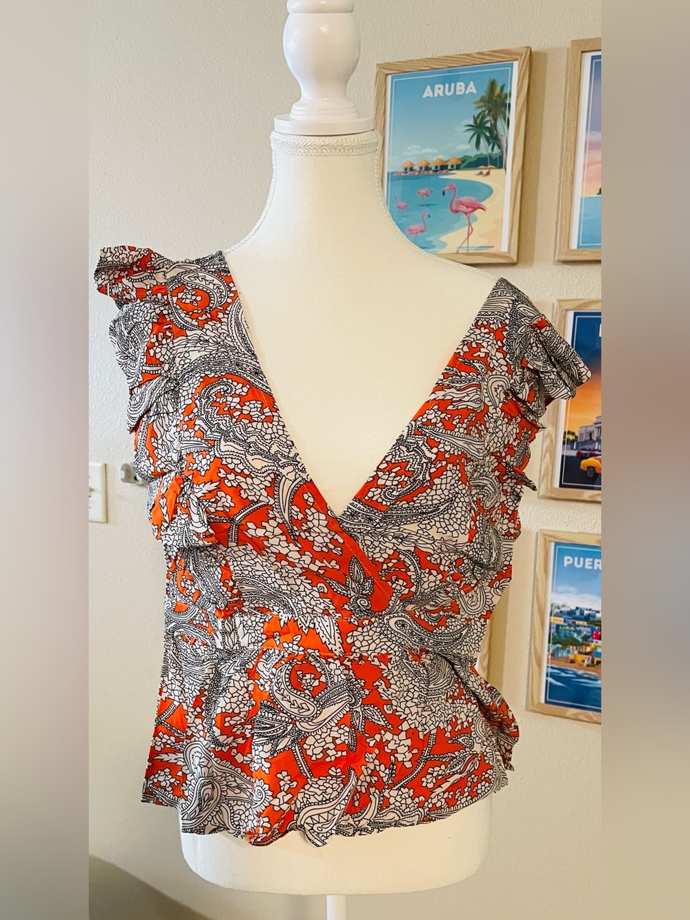 NWT Orange Paisley Wrap Top with Ruffle Sleeves women’s Medium
